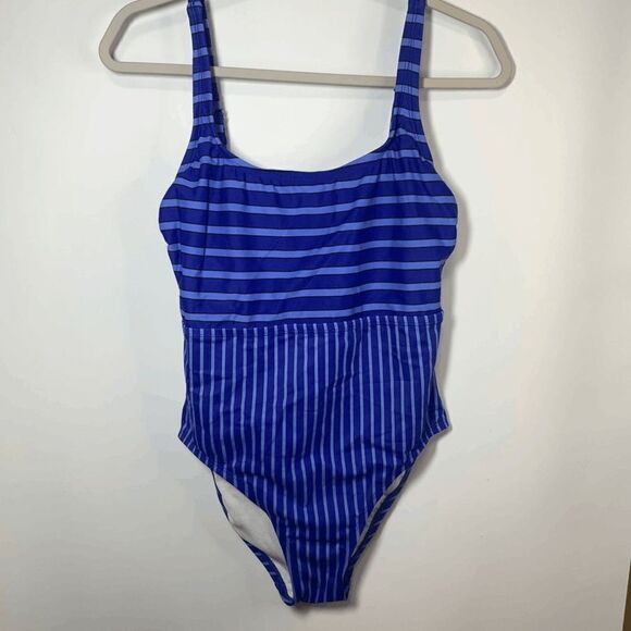 ECO Beach One Piece Blue Black Striped Swim Suit Size Medium - Picture 1 of 8